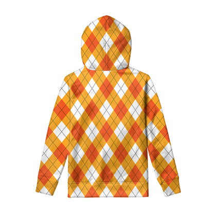 White And Orange Argyle Pattern Print Pullover Hoodie