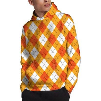 White And Orange Argyle Pattern Print Pullover Hoodie