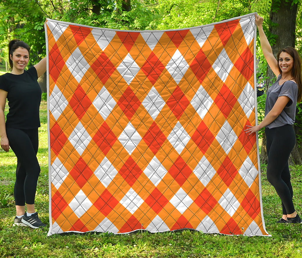 White And Orange Argyle Pattern Print Quilt