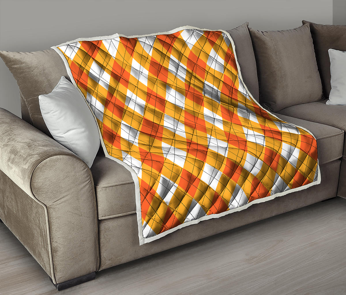 White And Orange Argyle Pattern Print Quilt