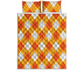 White And Orange Argyle Pattern Print Quilt Bed Set