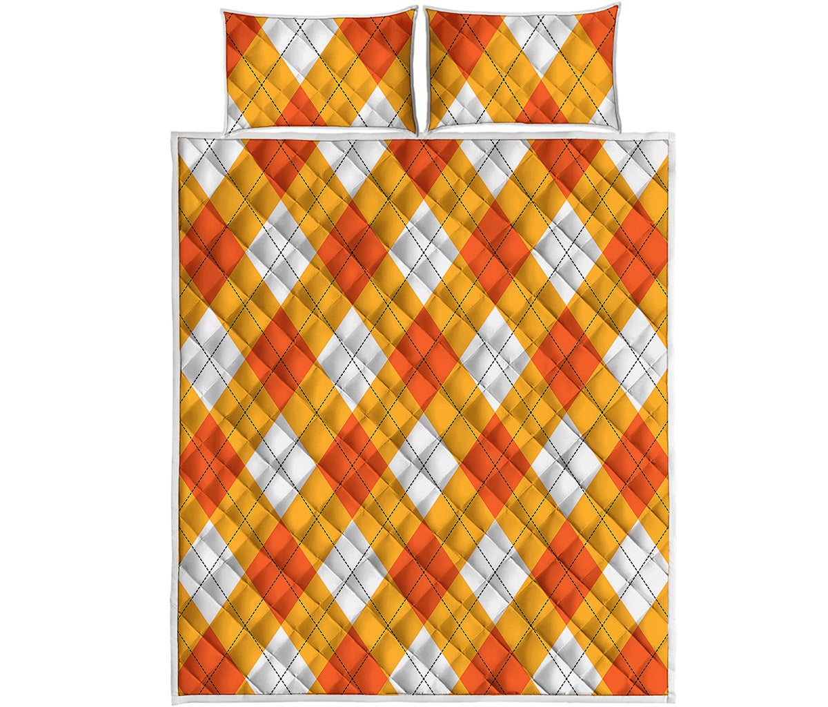 White And Orange Argyle Pattern Print Quilt Bed Set