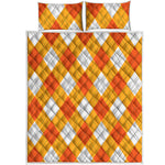 White And Orange Argyle Pattern Print Quilt Bed Set
