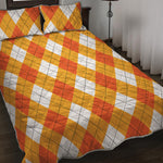 White And Orange Argyle Pattern Print Quilt Bed Set