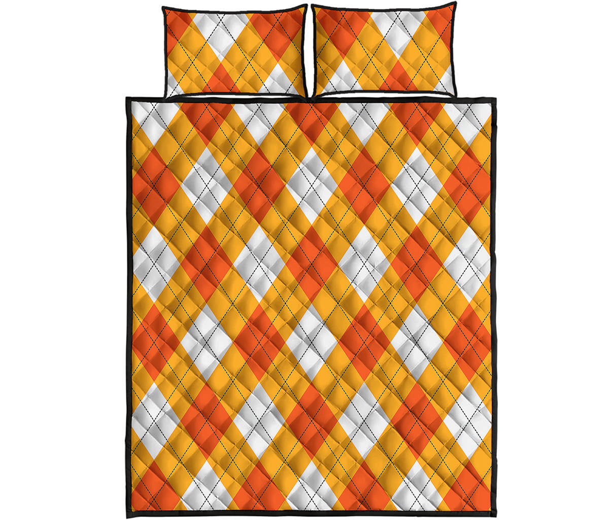 White And Orange Argyle Pattern Print Quilt Bed Set