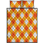 White And Orange Argyle Pattern Print Quilt Bed Set