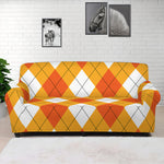 White And Orange Argyle Pattern Print Sofa Cover