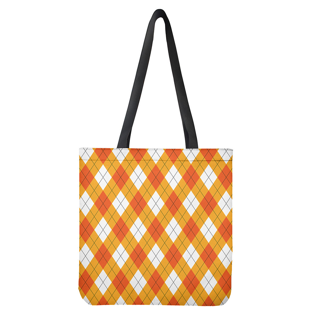 White And Orange Argyle Pattern Print Tote Bag