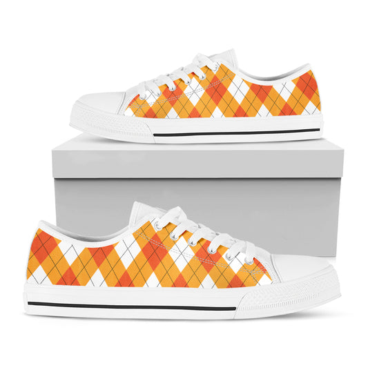 White And Orange Argyle Pattern Print White Low Top Shoes