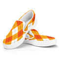 White And Orange Argyle Pattern Print White Slip On Sneakers