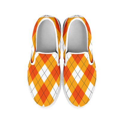 White And Orange Argyle Pattern Print White Slip On Shoes