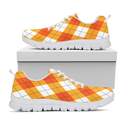 White And Orange Argyle Pattern Print White Sneakers