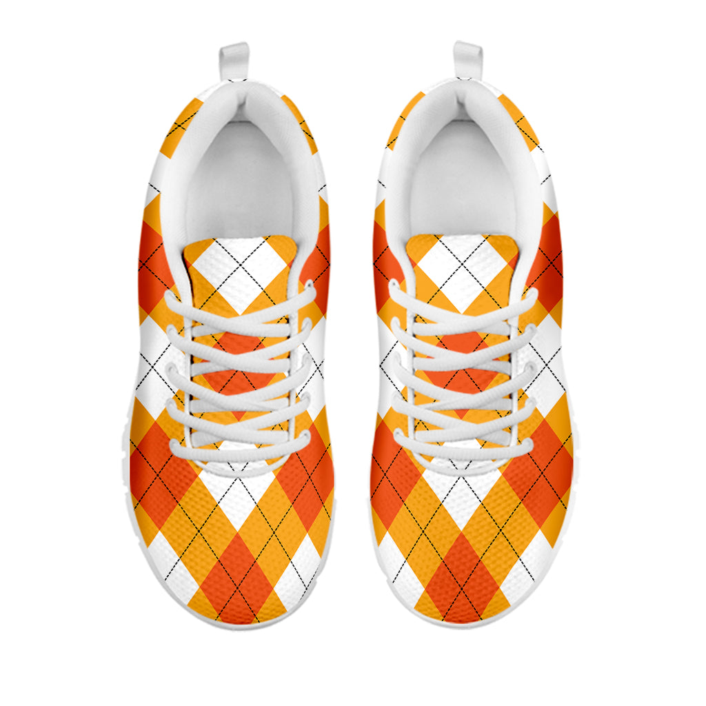 White And Orange Argyle Pattern Print White Sneakers