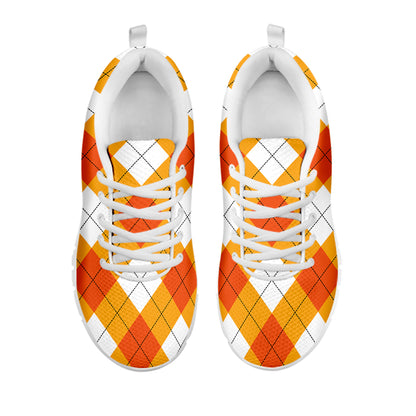 White And Orange Argyle Pattern Print White Sneakers