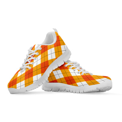 White And Orange Argyle Pattern Print White Sneakers