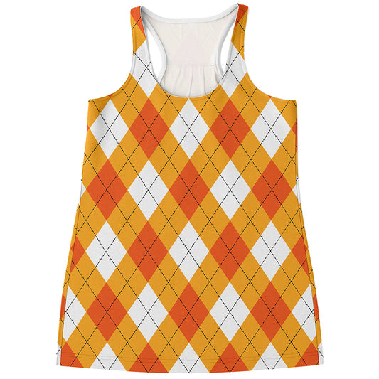 White And Orange Argyle Pattern Print Women's Racerback Tank Top