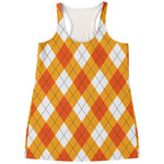 White And Orange Argyle Pattern Print Women's Racerback Tank Top