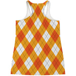 White And Orange Argyle Pattern Print Women's Racerback Tank Top