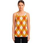 White And Orange Argyle Pattern Print Women's Racerback Tank Top