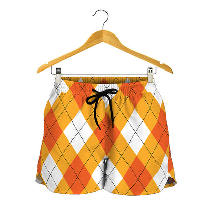 White And Orange Argyle Pattern Print Women's Shorts