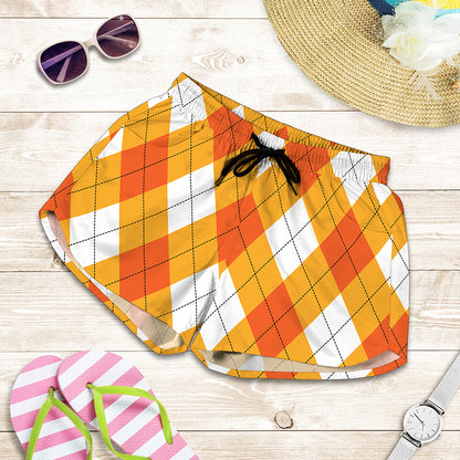White And Orange Argyle Pattern Print Women's Shorts