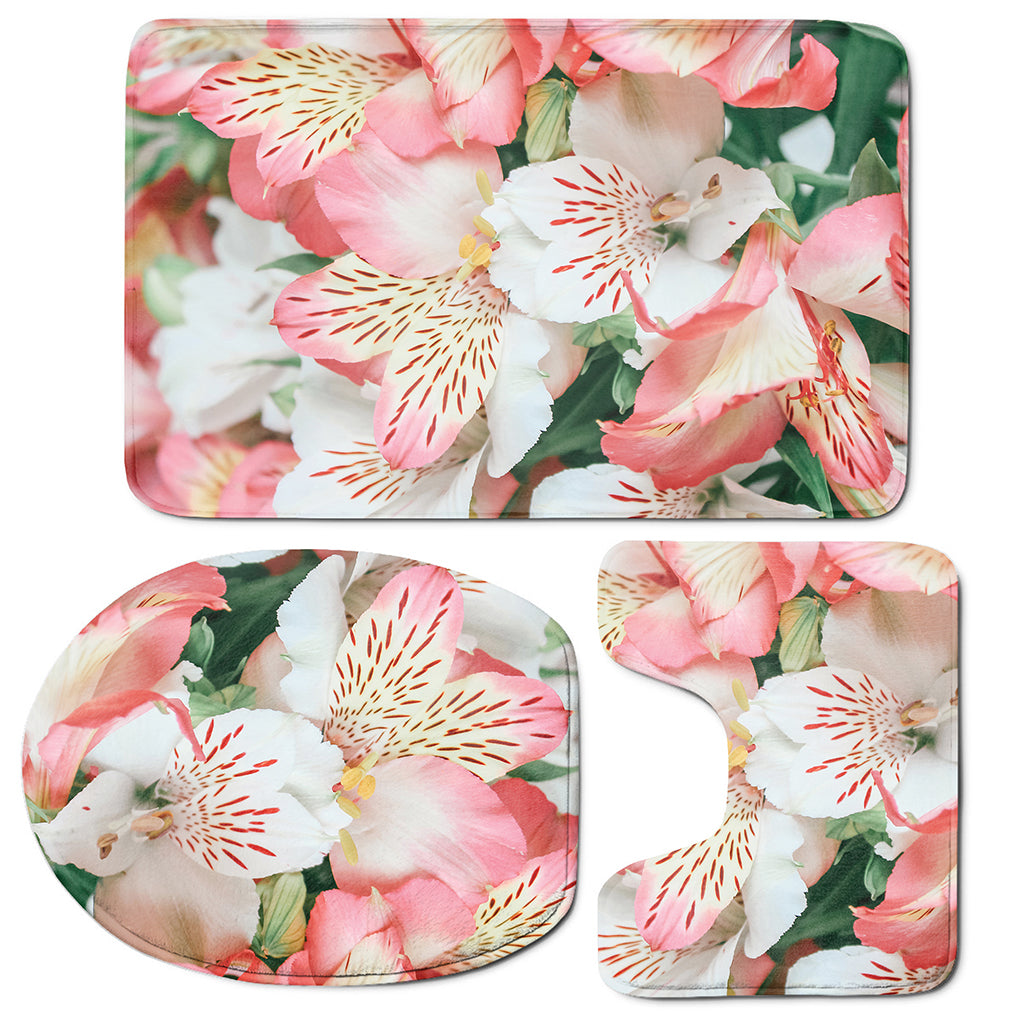 White And Pink Alstroemeria Print 3 Piece Bath Mat Set