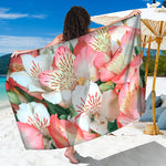 White And Pink Alstroemeria Print Beach Sarong Wrap