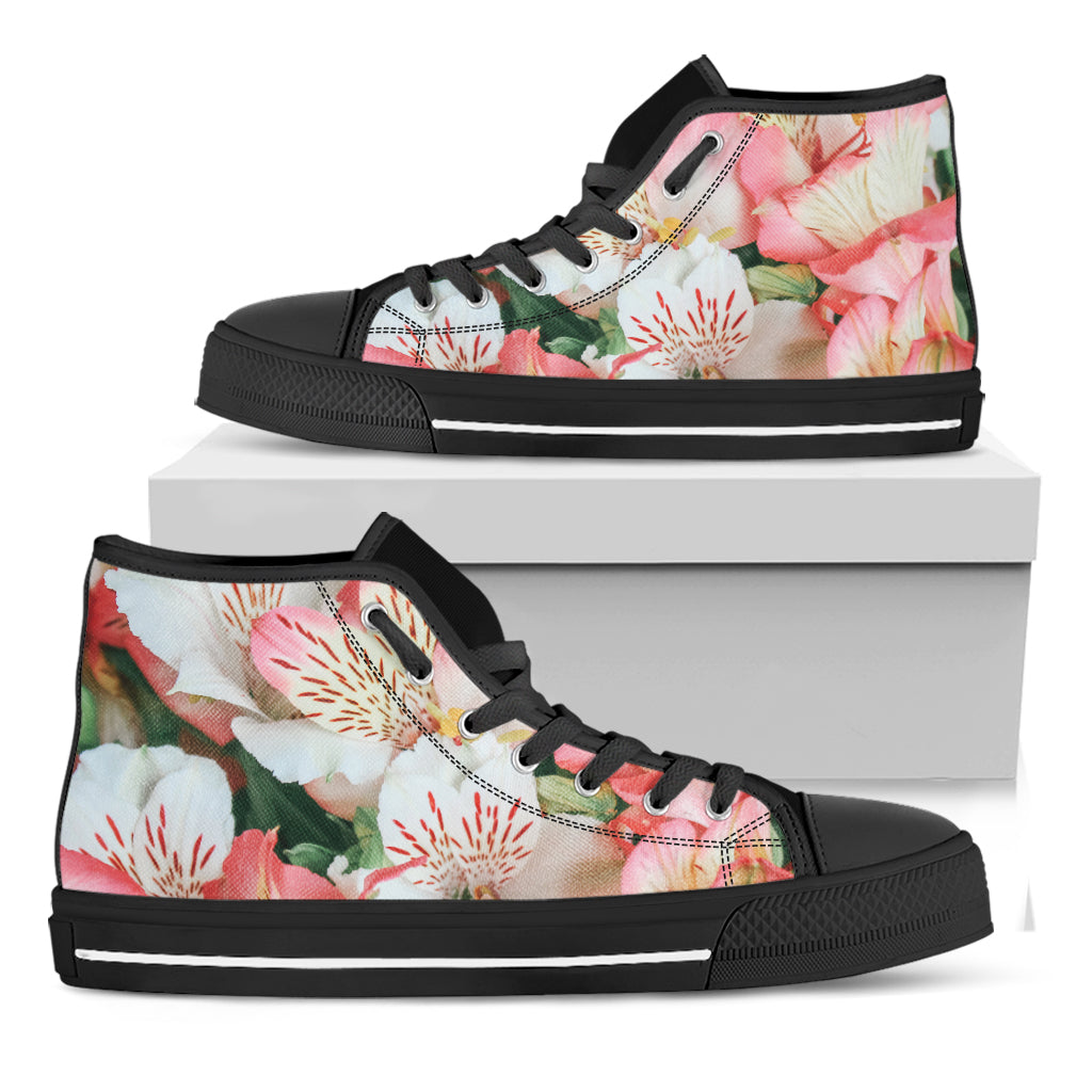 White And Pink Alstroemeria Print Black High Top Shoes