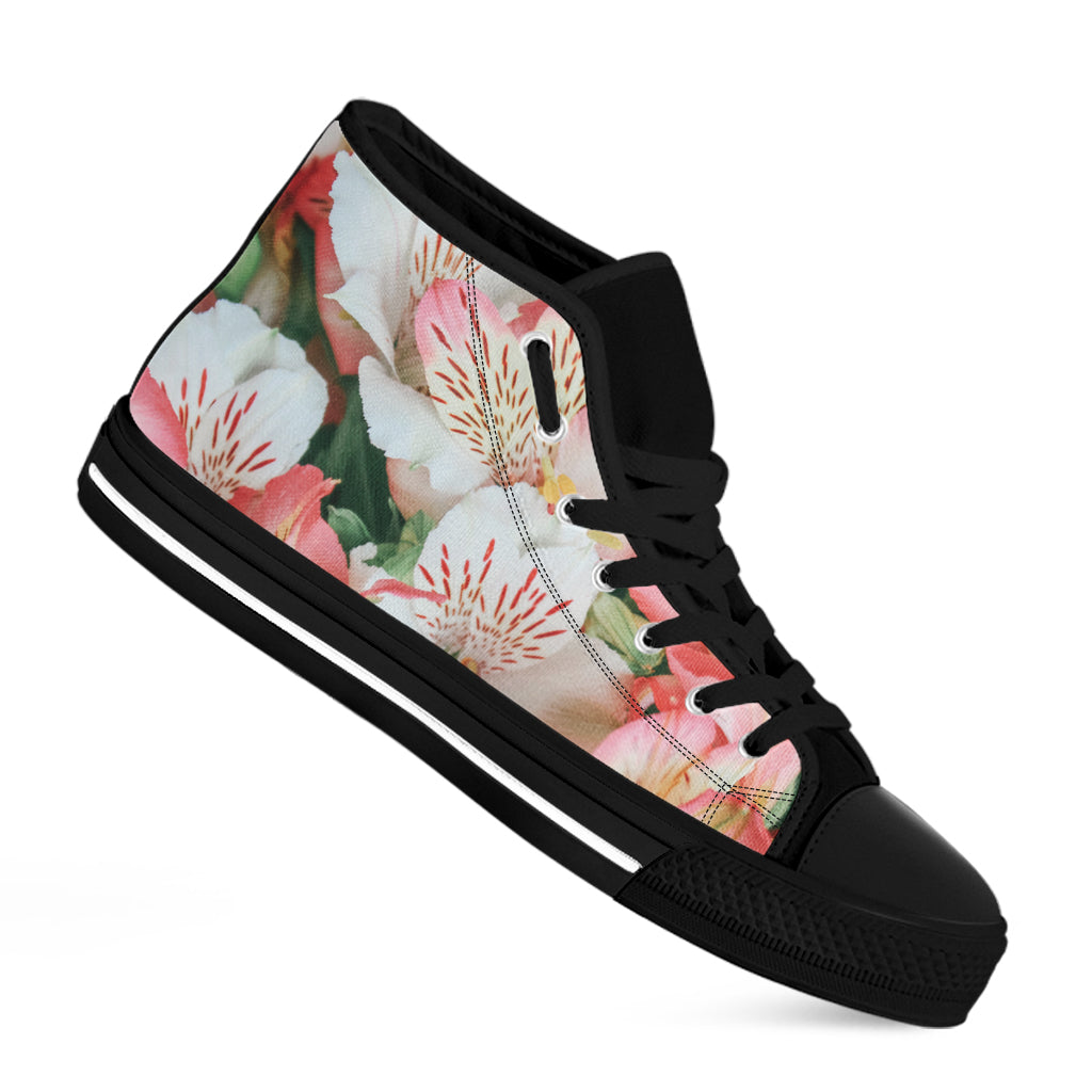 White And Pink Alstroemeria Print Black High Top Shoes