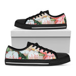 White And Pink Alstroemeria Print Black Low Top Shoes