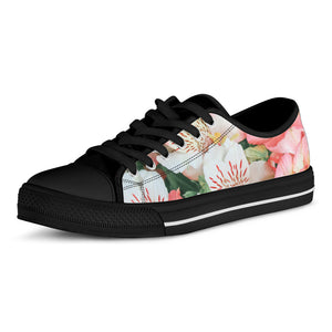 White And Pink Alstroemeria Print Black Low Top Shoes