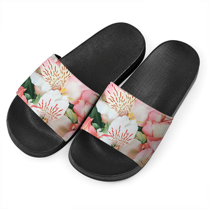 White And Pink Alstroemeria Print Black Slide Sandals