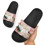 White And Pink Alstroemeria Print Black Slide Sandals