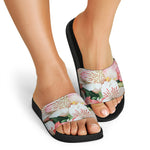 White And Pink Alstroemeria Print Black Slide Sandals