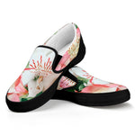 White And Pink Alstroemeria Print Black Slip On Shoes