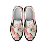 White And Pink Alstroemeria Print Black Slip On Shoes