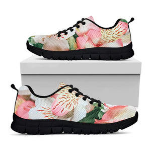 White And Pink Alstroemeria Print Black Sneakers