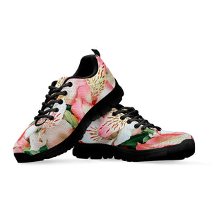 White And Pink Alstroemeria Print Black Sneakers