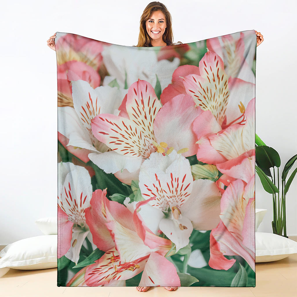 White And Pink Alstroemeria Print Blanket