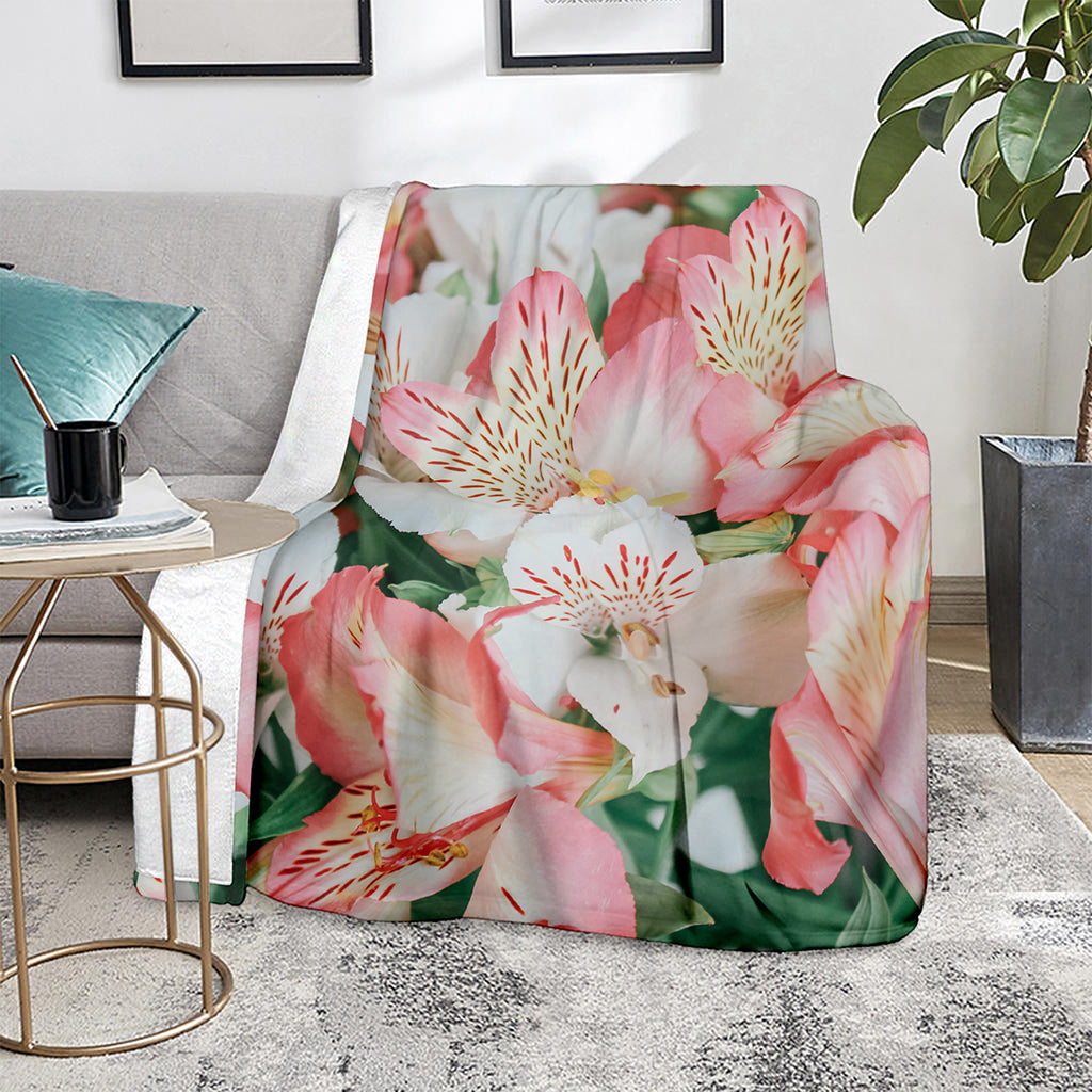 White And Pink Alstroemeria Print Blanket