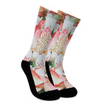 White And Pink Alstroemeria Print Crew Socks