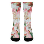 White And Pink Alstroemeria Print Crew Socks