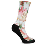 White And Pink Alstroemeria Print Crew Socks