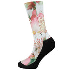 White And Pink Alstroemeria Print Crew Socks