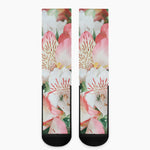 White And Pink Alstroemeria Print Crew Socks