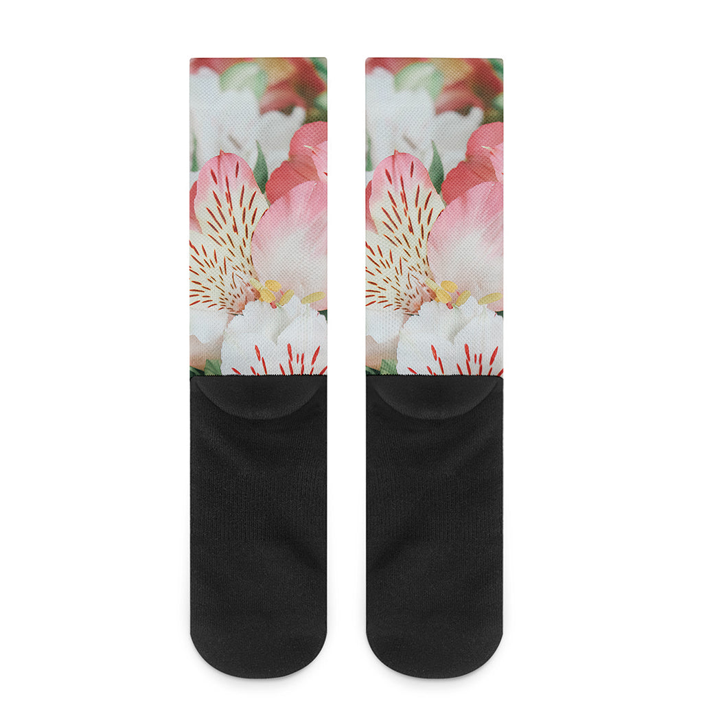 White And Pink Alstroemeria Print Crew Socks