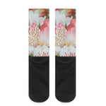 White And Pink Alstroemeria Print Crew Socks