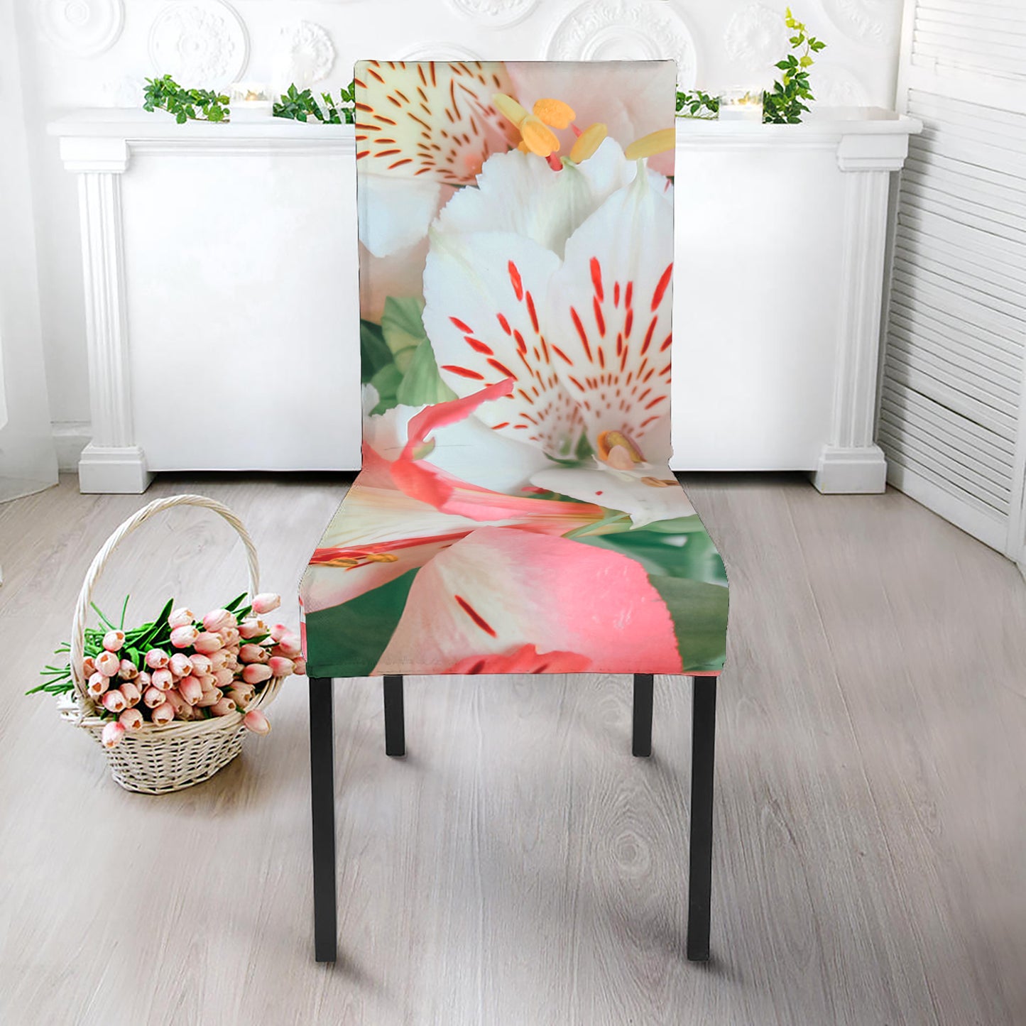 White And Pink Alstroemeria Print Dining Chair Slipcover