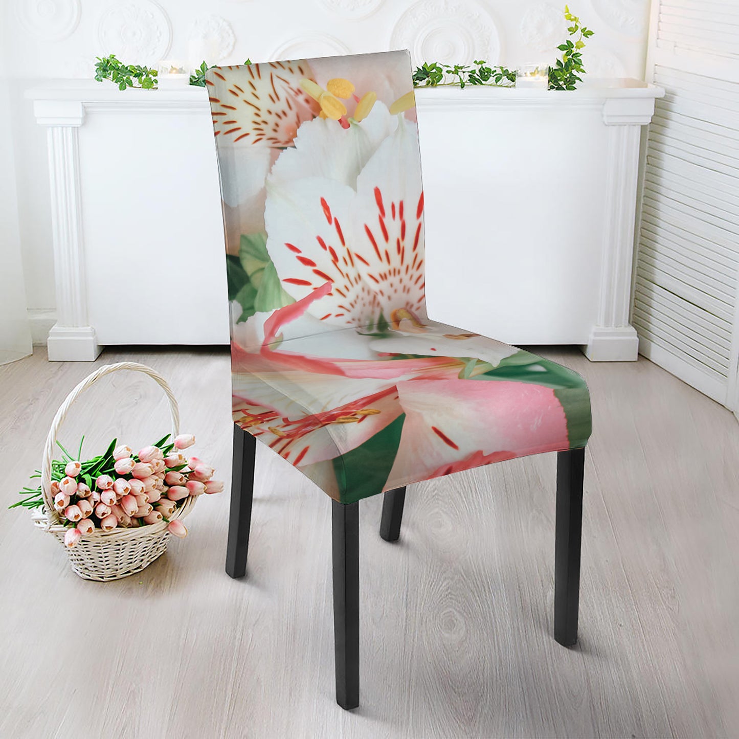 White And Pink Alstroemeria Print Dining Chair Slipcover