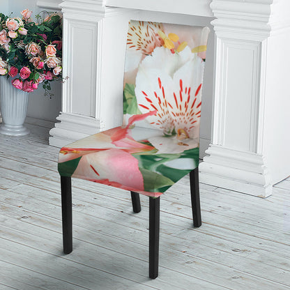 White And Pink Alstroemeria Print Dining Chair Slipcover